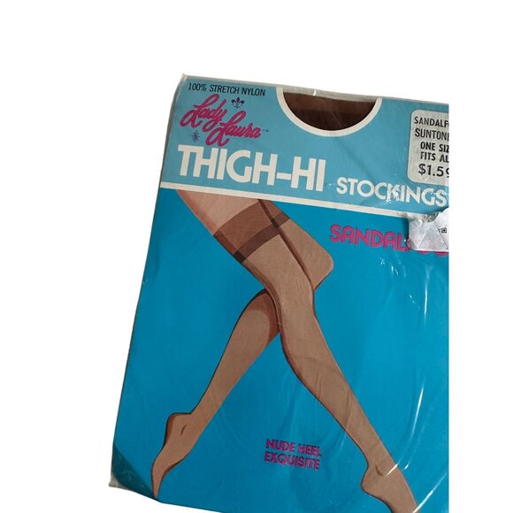 LADY LAURA Vintage 1981 Suntone Sandalfoot Thigh High Stockings One Size NEW NWT - Picture 4 of 6
